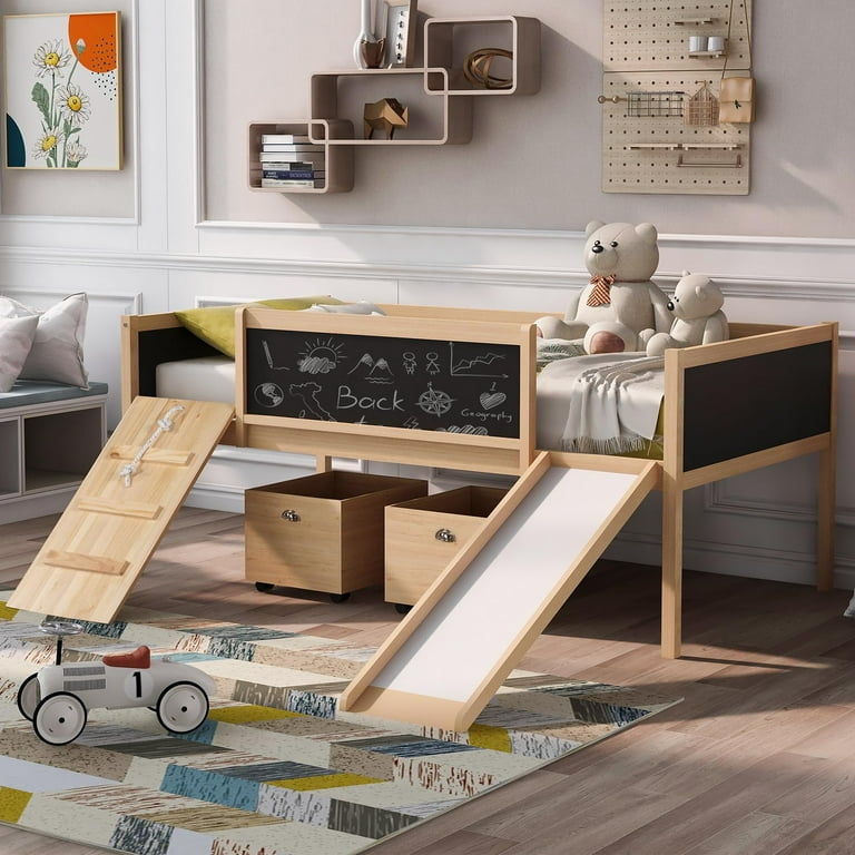 Walmart Twin Size Low Loft Bed with Slide, Climbing Frame, Rope,  Chalkboard, and Two Storage Boxes in Natural Wood -