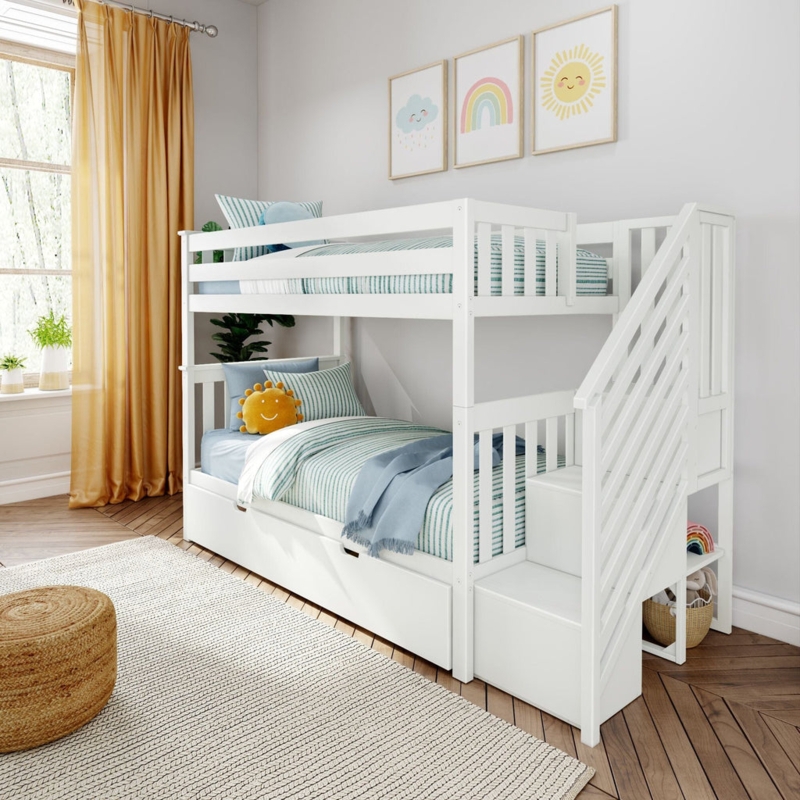 Walnut Bunk Bed with Pull-Out Trundle and Integrated Staircase Storage