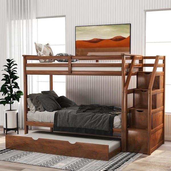 Walnut Finish Bunk Bed Storage Stairs Pull-Out Trundle Transitional