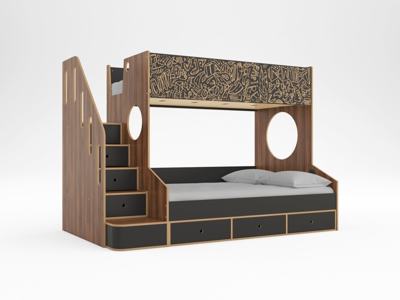 Walnut & Grey Twin Over Full Bunk Bed with Integrated Storage Stairs