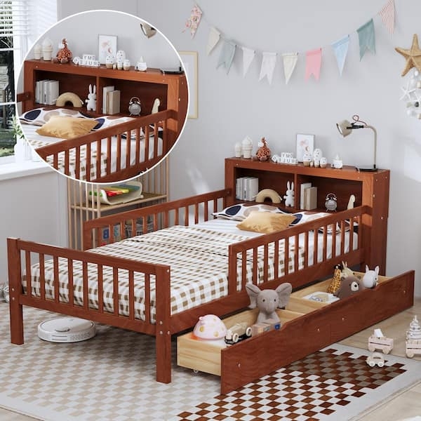 Walnut Platform Bed with Safety Guardrails and Integrated Headboard Rack