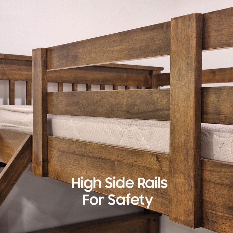 Walnut Slatted Wood Bunk Bed with Convertible Trundle Design
