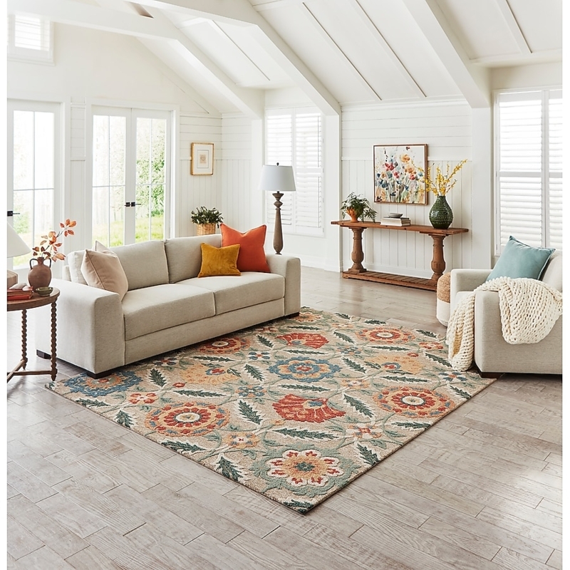 Warm Linen Area Rug, Botanical Pattern, Transitional Style