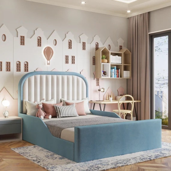 Warm Tan Upholstered Bed with Rounded Headboard, Cozy Scandinavian Style