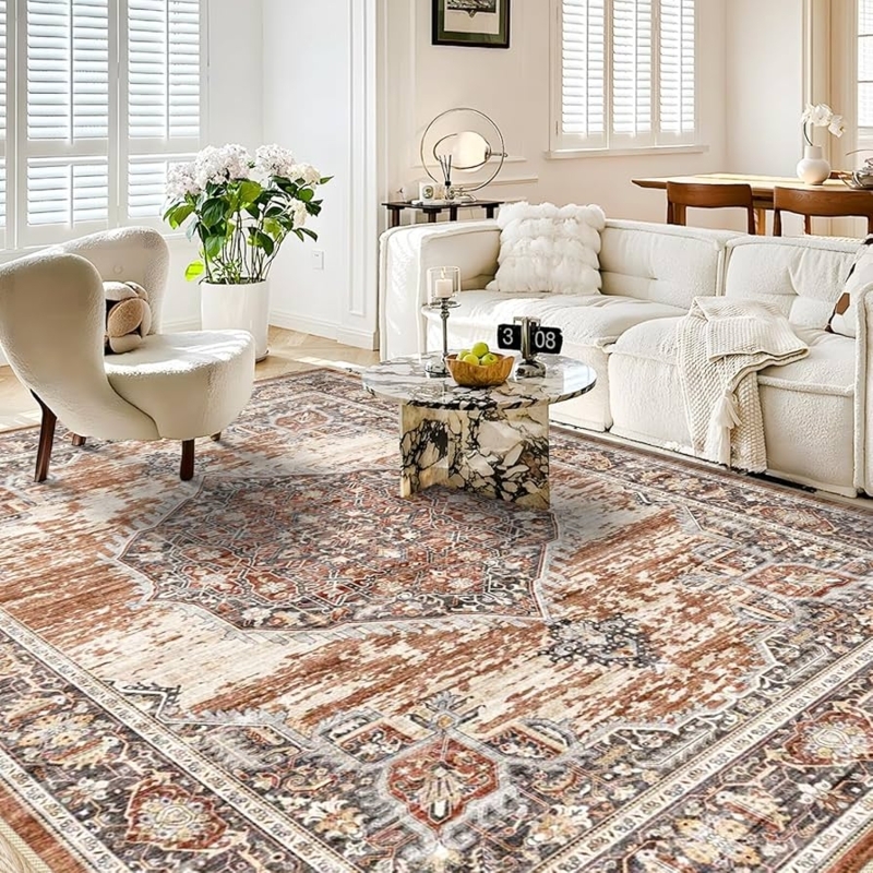 Washable Area Rug, Distressed Brick Red Vintage Inspired Medallion