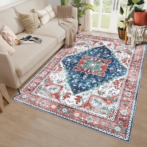 Washable Area Rug Distressed Medallion Cream Charcoal