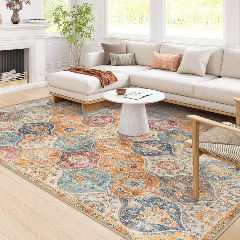 Washable Area Rug Distressed Moroccan Motif Terracotta Blue Thin
