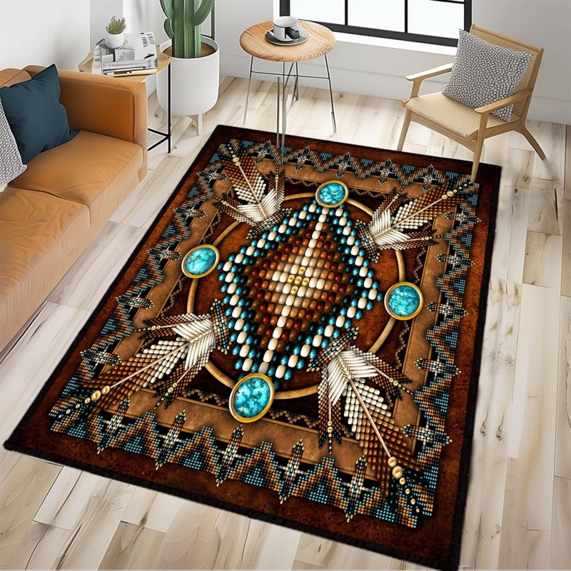 Washable Area Rug with Teal Accents and Southwestern Tribal Motif