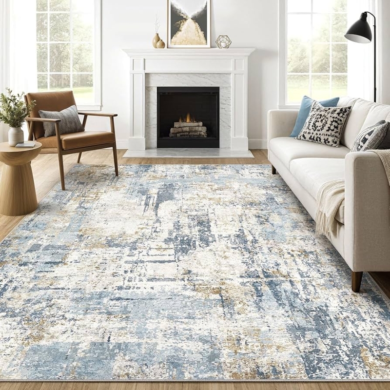 Washable Blue Abstract Area Rug, Modern Low Pile Design