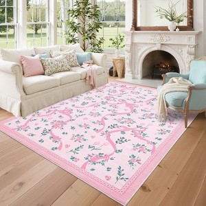 Washable Blush Bow Pattern Area Rug Coquette Style