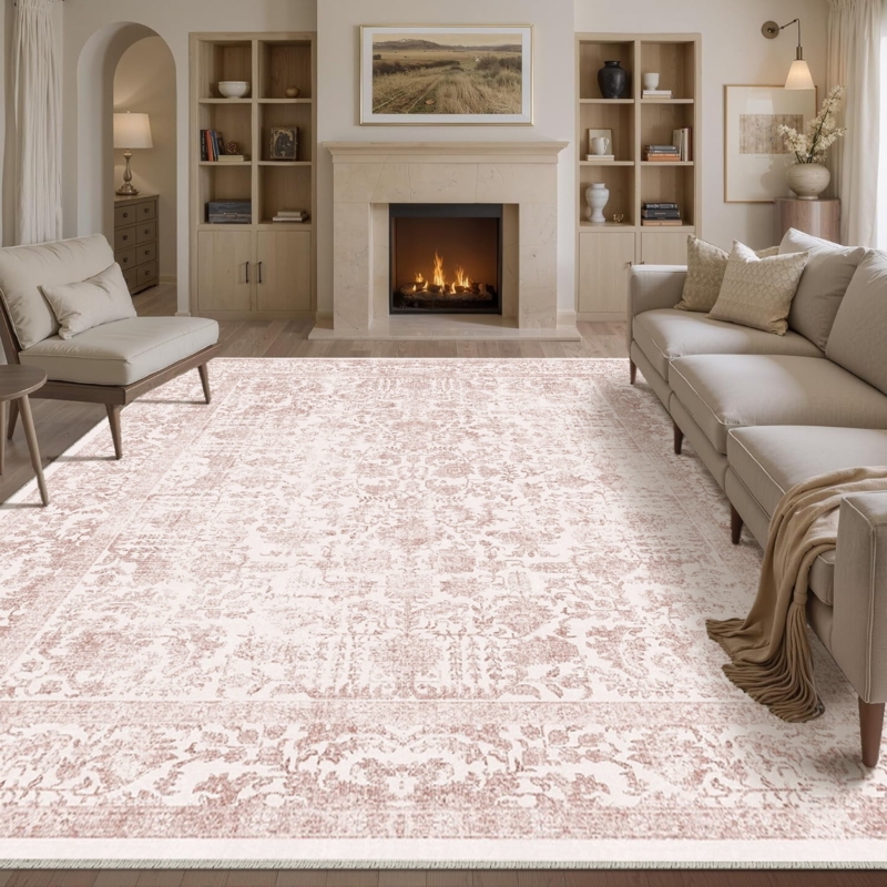 Washable Distressed Pink Medallion Area Rug Farmhouse Decor
