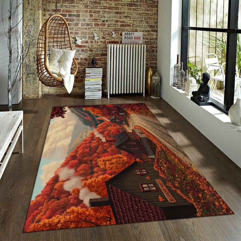 Washable Farmhouse Living Room Carpet with Forest Landscape Print