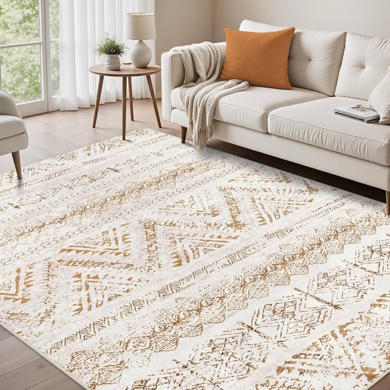 Washable Geometric Area Rug Light Brown Ivory Trellis Bedroom