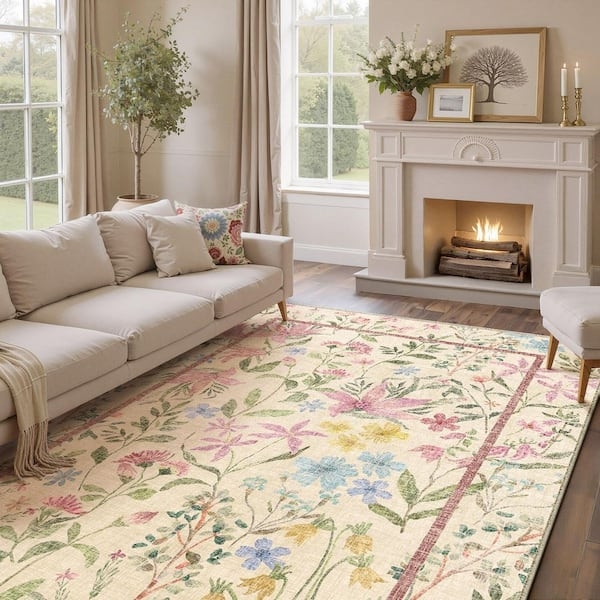 Washable Oversized Botanical Floral Area Rug Contemporary