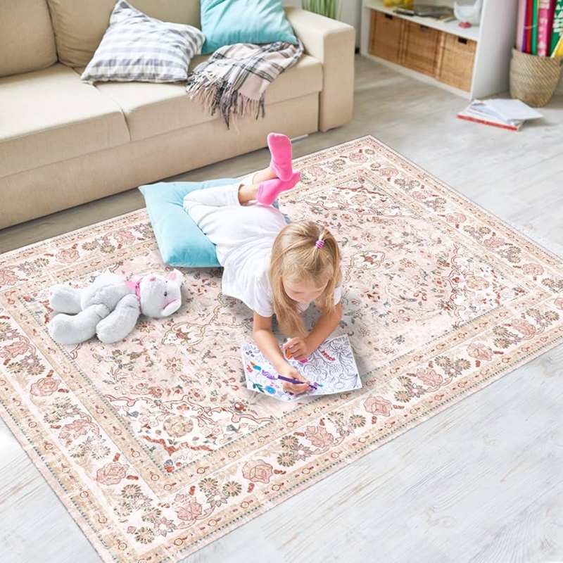 Washable Vintage Pink Distressed Medallion Area Rug