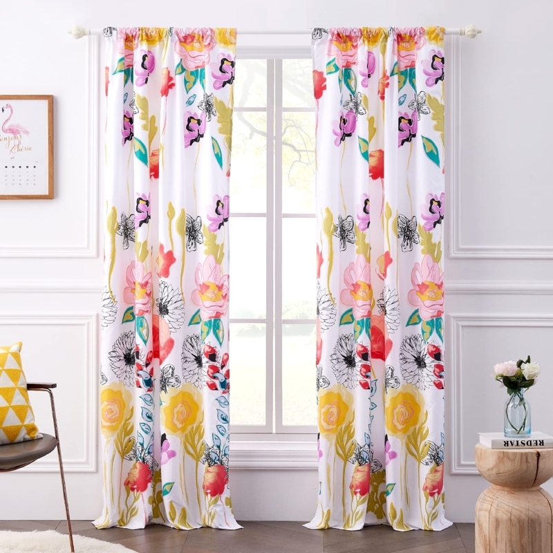 Watercolor Floral Curtain Panels with Vibrant Rod Pocket Top