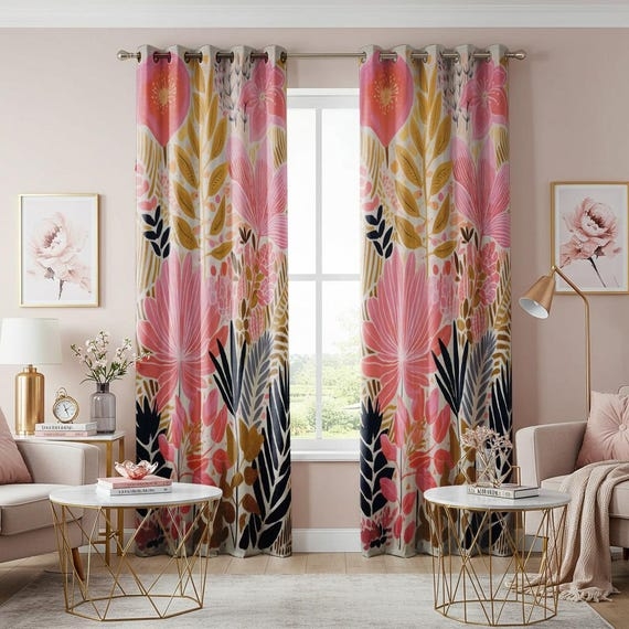 Watercolor Floral Print Curtains Floor Length Boho Botanical