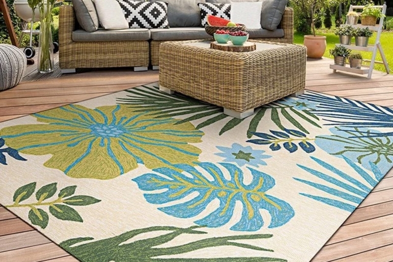 Weather Resistant Area Rug, Navy Geometric Diamond Motif, Flatweave