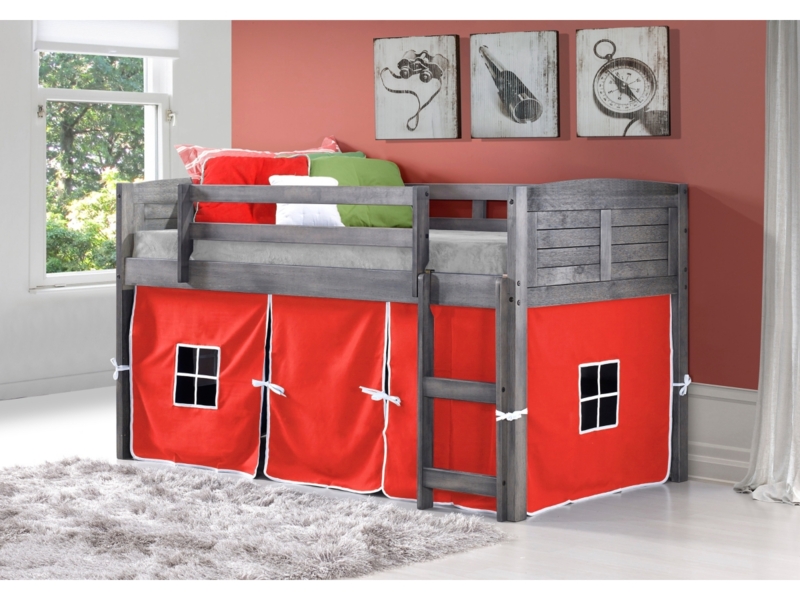 Weathered Grey Loft Bed with Louvered Panels, Built-in Play Tent