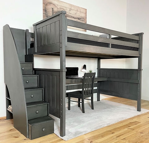 Weathered Grey Wood Loft Bed with Desk and Staircase