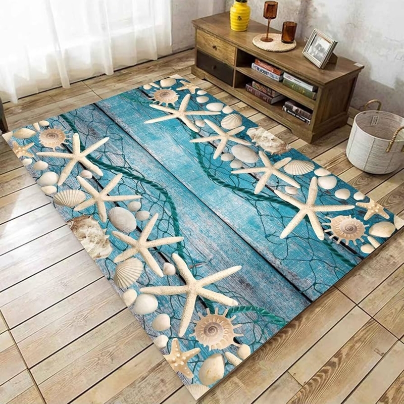 Weathered Wood Look Area Rug, Blue Plank Print with Starfish and Shells