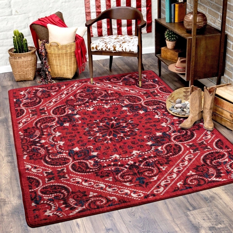 Western Area Rug Bandana Pattern Crimson Paisley