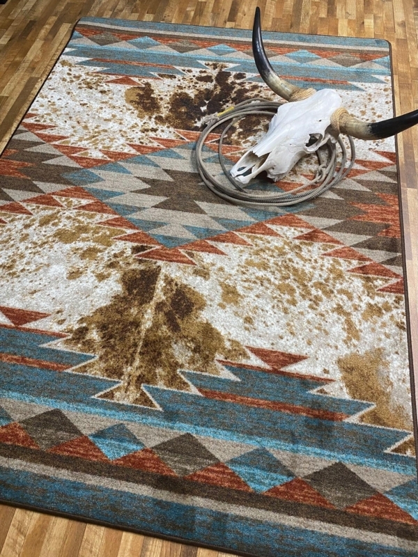 Western Runner Rug with Cowhide Border and Turquoise Accents