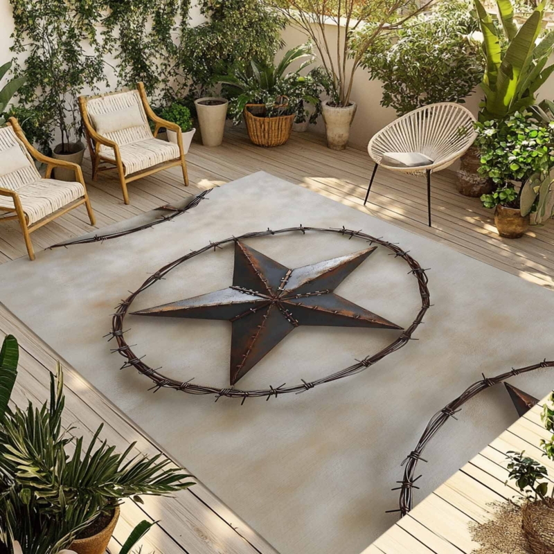 Western Star Outdoor Rug with Texas Star Motif and Bordered Pattern