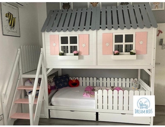 Whimsical Bunk Bed House Shape, Storage Base, Integrated Slide, White