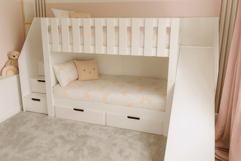 Whimsical Bunk Bed with Slide & White Playhouse Tower