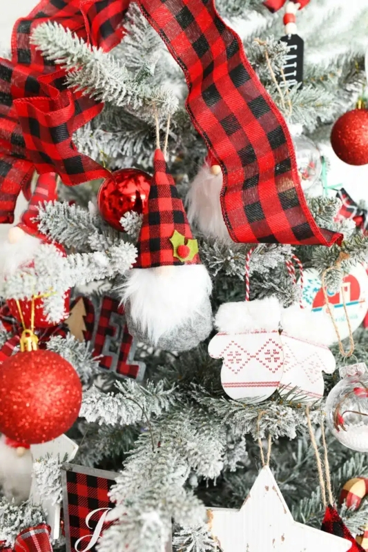 Whimsical Christmas Ornament: Gnome Motif with Faux Fur Beard and Plaid Hat.