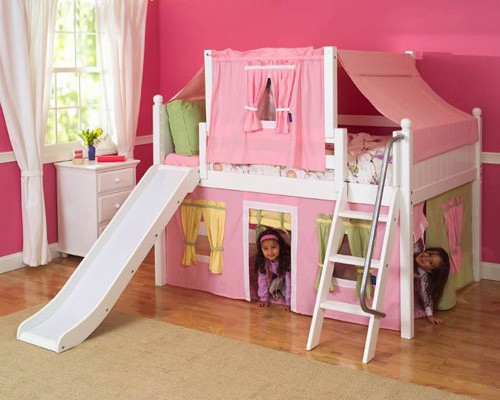 Whimsical Low Loft Bed with Pink Play Curtains and Integrated Slide