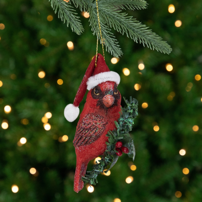 Whimsical Santa Hat Bird Decor, Resin Cardinal Ornament with Faux Fur Trim
