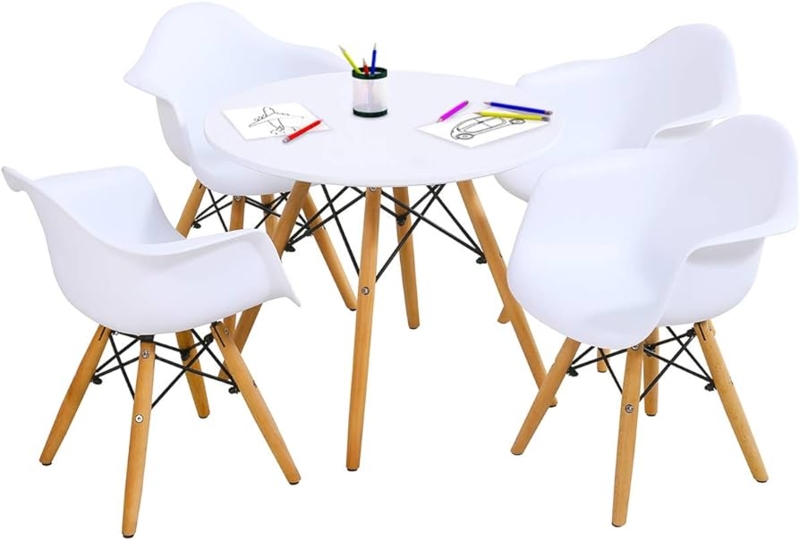 White 5-Piece Kids Table Set with Round Top and Bucket Seats
