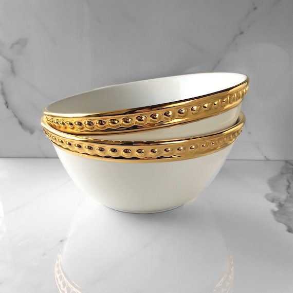 White and Gold Serving Bowl Organic Rim Matte Exterior