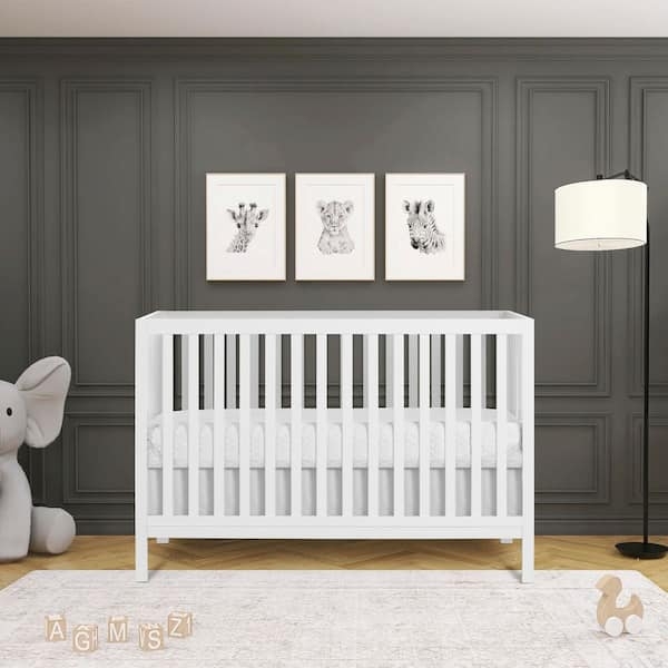 White Baby Crib, All-Around Vertical Slats, Minimalist Modern Nursery