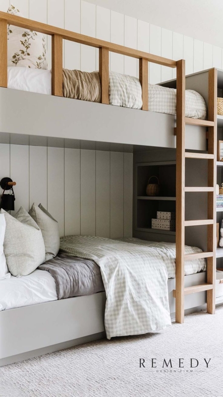 White Built-In Bunk Beds with Integrated Stairs and Nooks