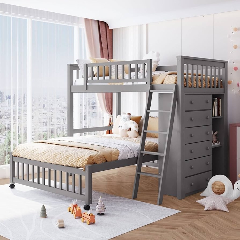 White Bunk Bed Twin Over Full with Staircase Storage and Cubbies
