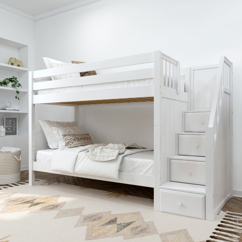 White Bunk Bed with Curved Slide and Integrated Stairs Celestial Theme