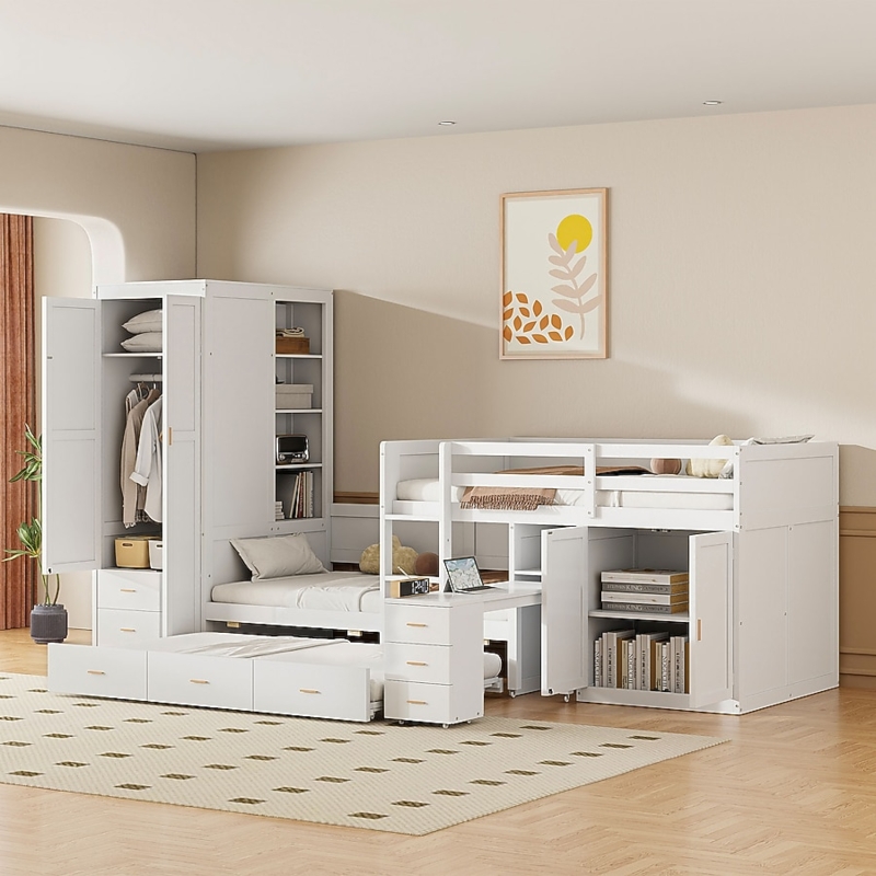 White Bunk Bed with Desk, Wardrobe, and Storage Stairs