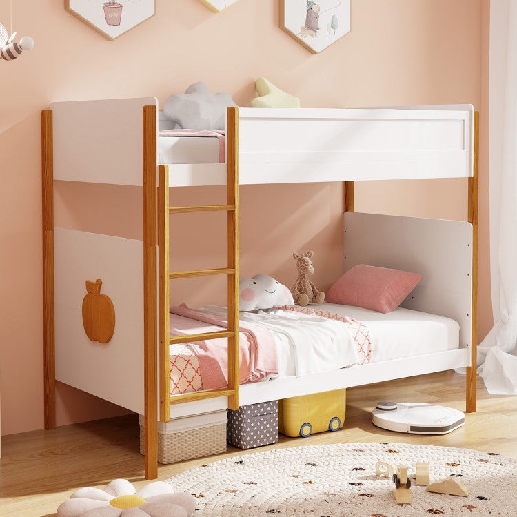 White Bunk Bed with Integrated Ladder and Slatted Safety Guardrails