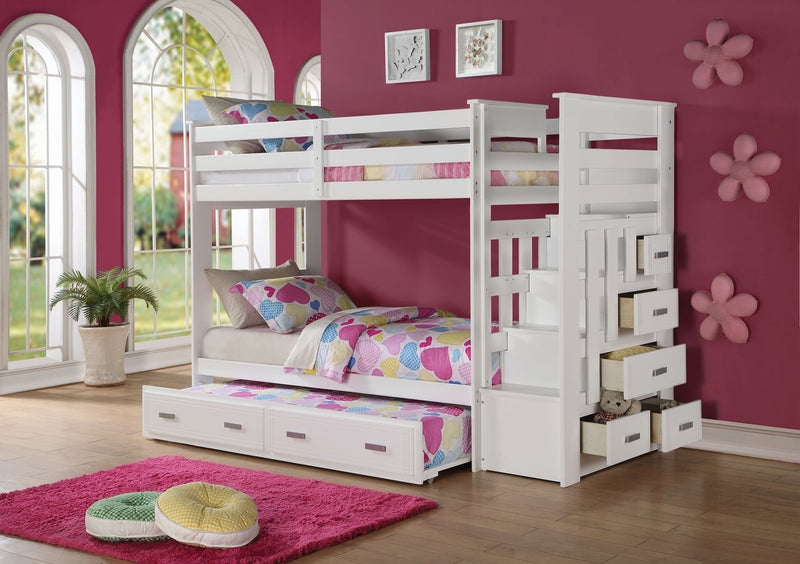 White Bunk Bed with Integrated Storage Stairs and Pull-Out Trundle