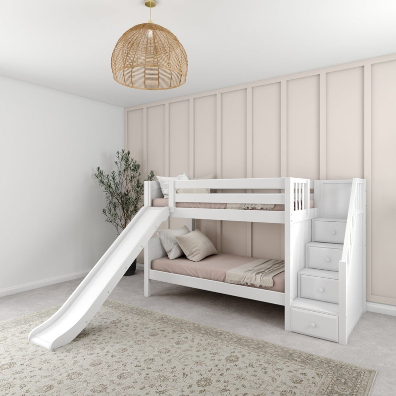White Bunk Bed with Slide, Storage Stairs, and Play Curtains