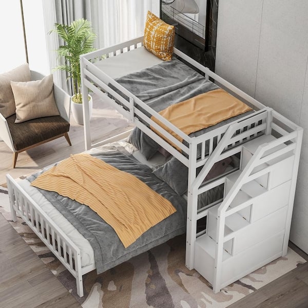 White Bunk Bed with Stairs and Integrated Shelving for Kids