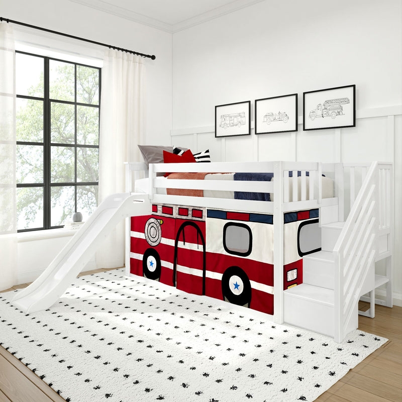 White Bunk Bed With Storage Stairs Slide And Firetruck Curtain
