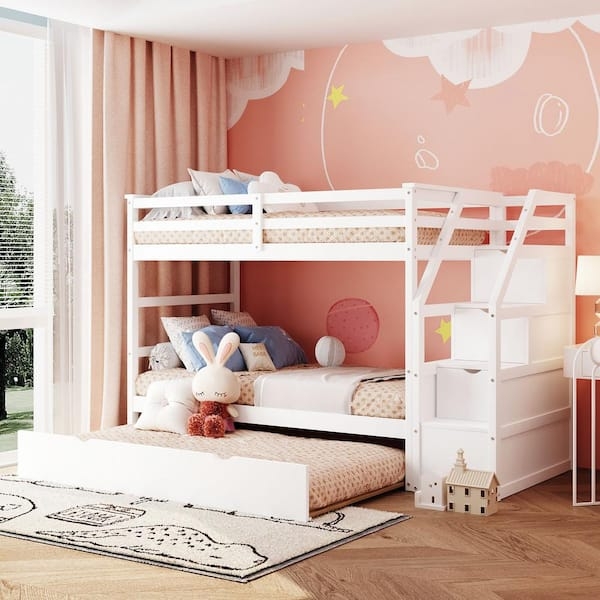 White Bunk Bed with Trundle Storage Stairs Modern Transitional