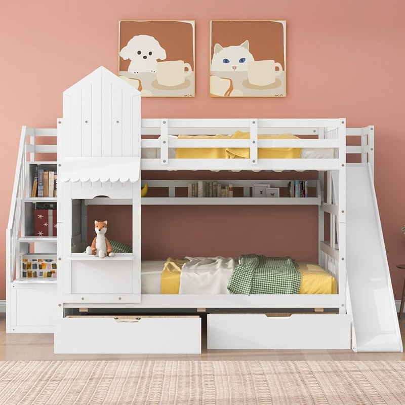 White Castle Bunk Bed with Slide, Staircase Drawers, and Shelves