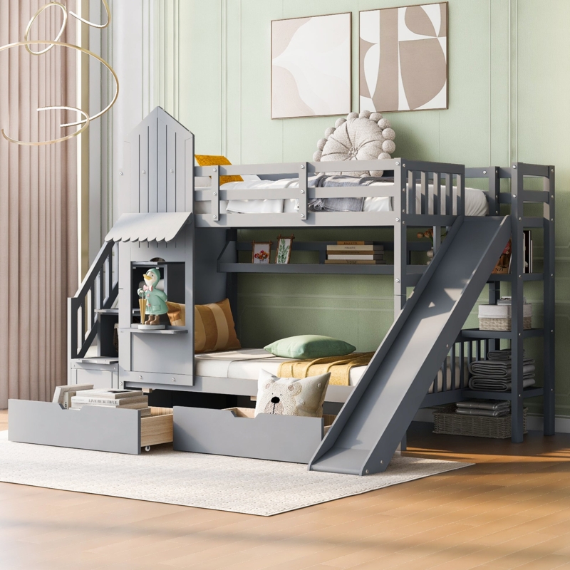 White Castle Bunk Bed with Slide & Staircase Storage