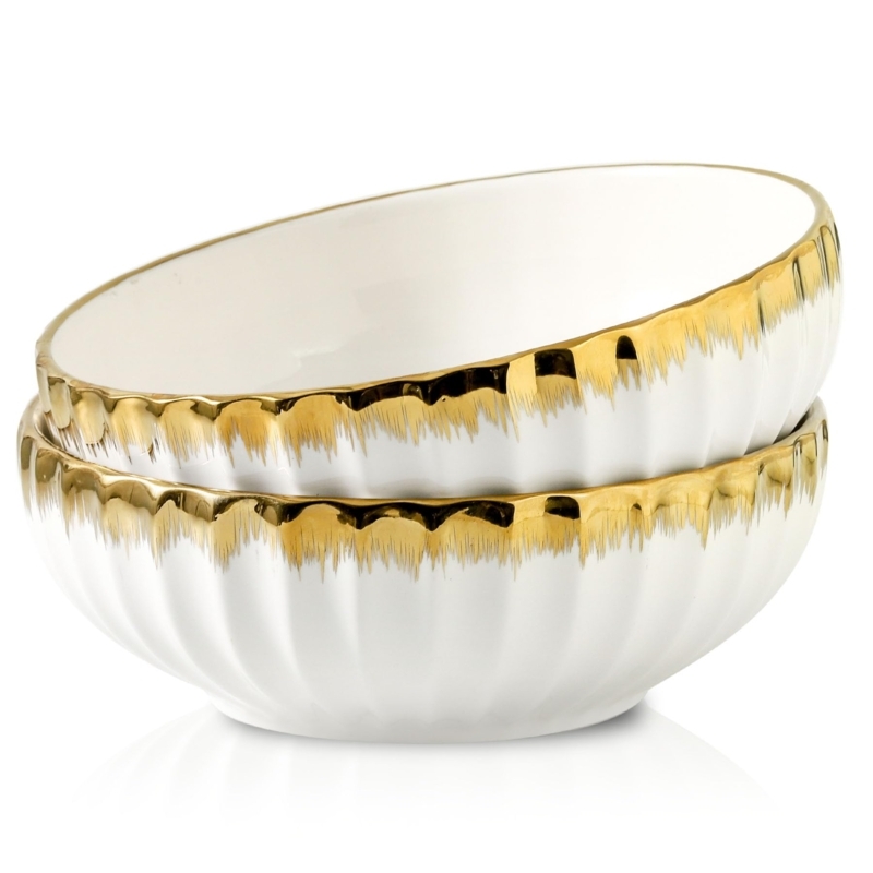 White Ceramic Serving Bowl Set with Elegant Gold Scalloped Rim