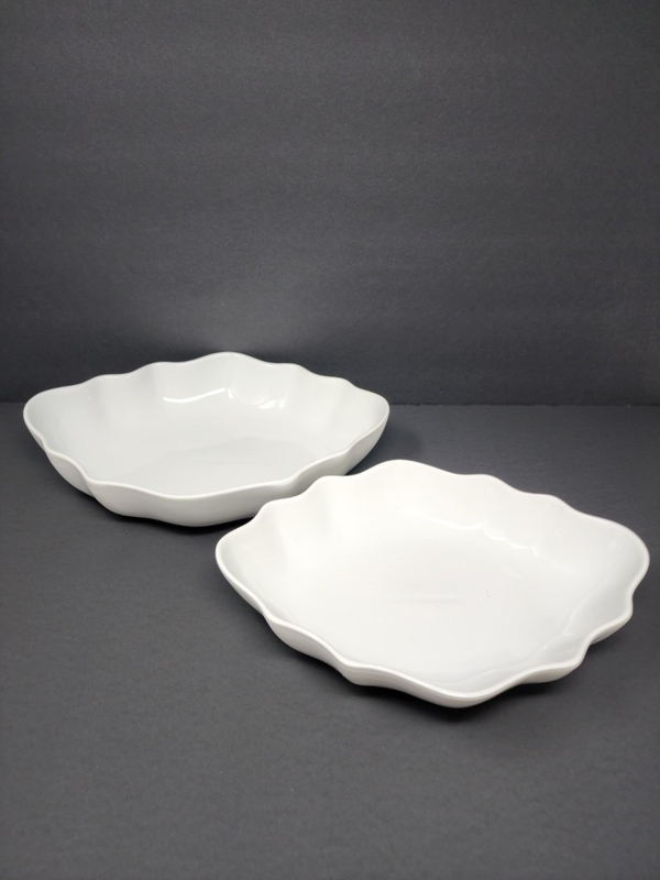 White Ceramic Serving Bowls with Scalloped Rim and Nested Design
